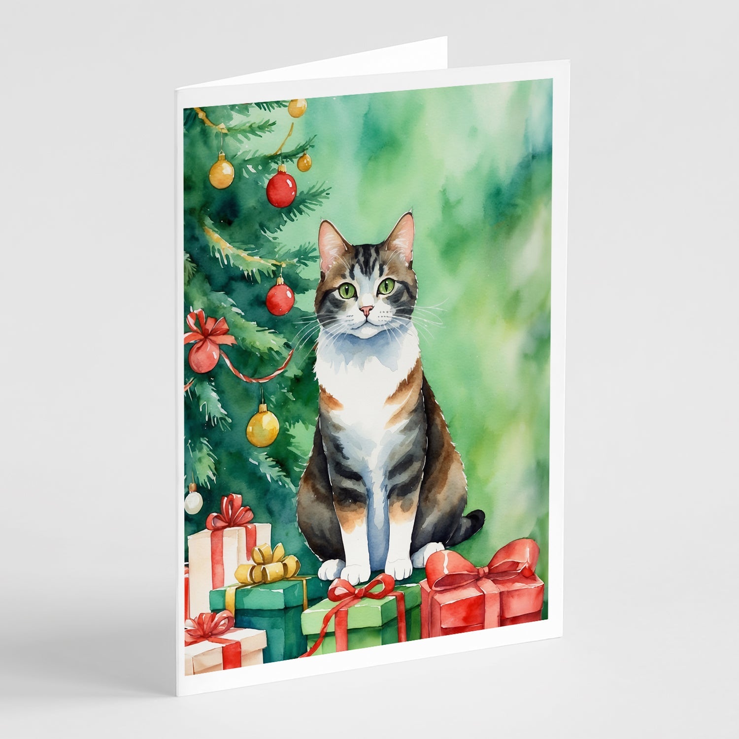 Manx Cat By the Christmas Tree Greeting Cards Pack of 8 Blank Cards with Envelopes Whimsical A7 Size 5x7