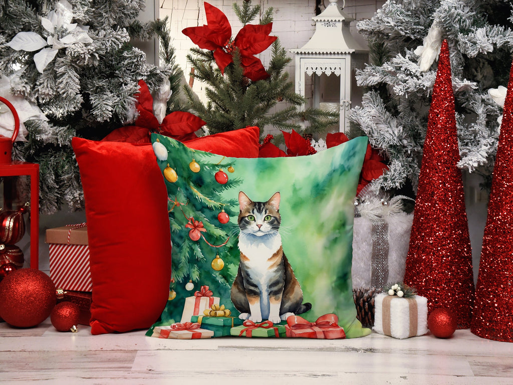 Manx Cat By the Christmas Tree Decorative Throw Pillow 18x18 Indoor Outdoor Accent Cushion, Fabric Cover with Insert for Sofa, Bed, Porch & Living Room
