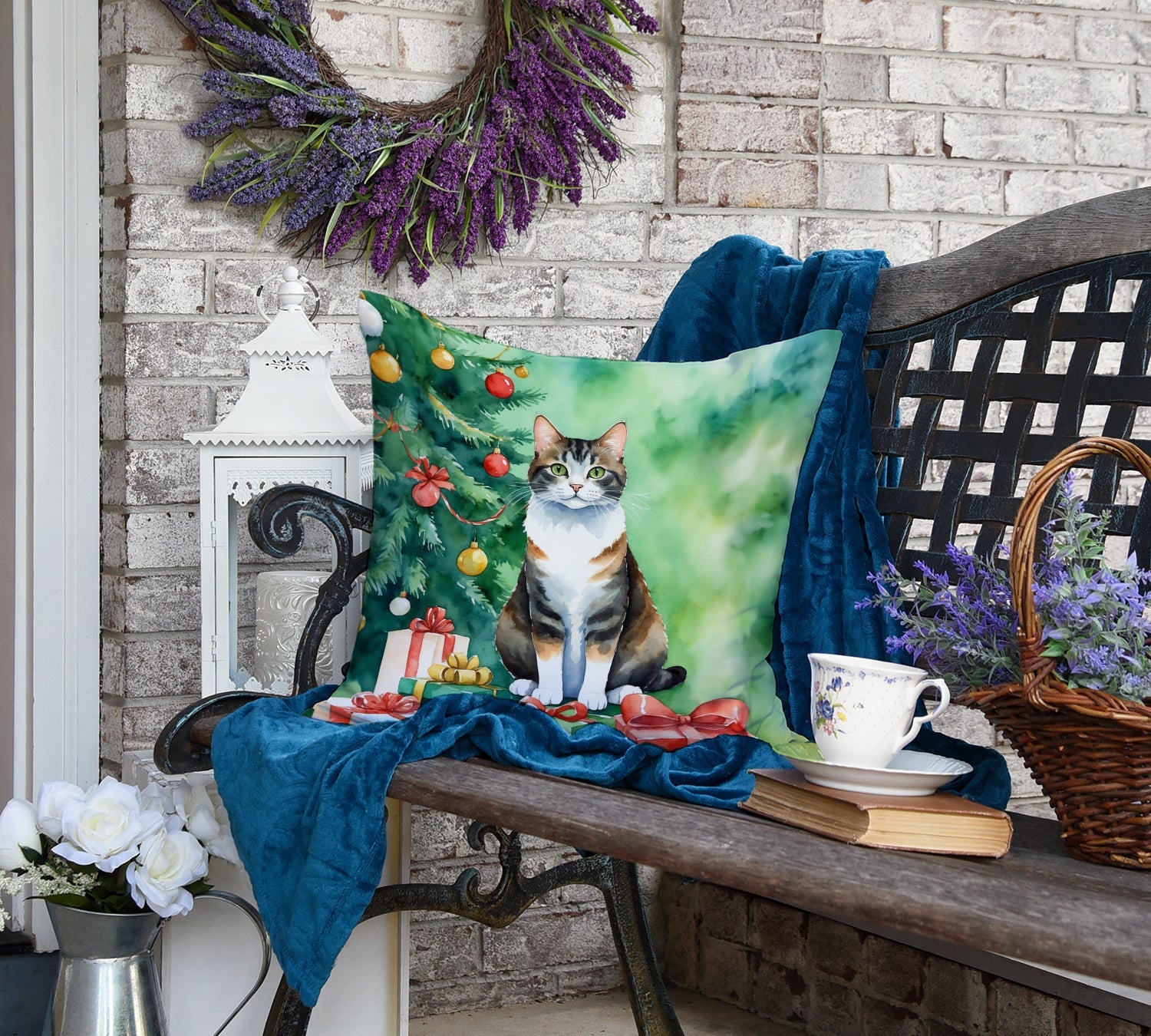 Manx Cat By the Christmas Tree Decorative Throw Pillow 18x18 Indoor Outdoor Accent Cushion, Fabric Cover with Insert for Sofa, Bed, Porch & Living Room