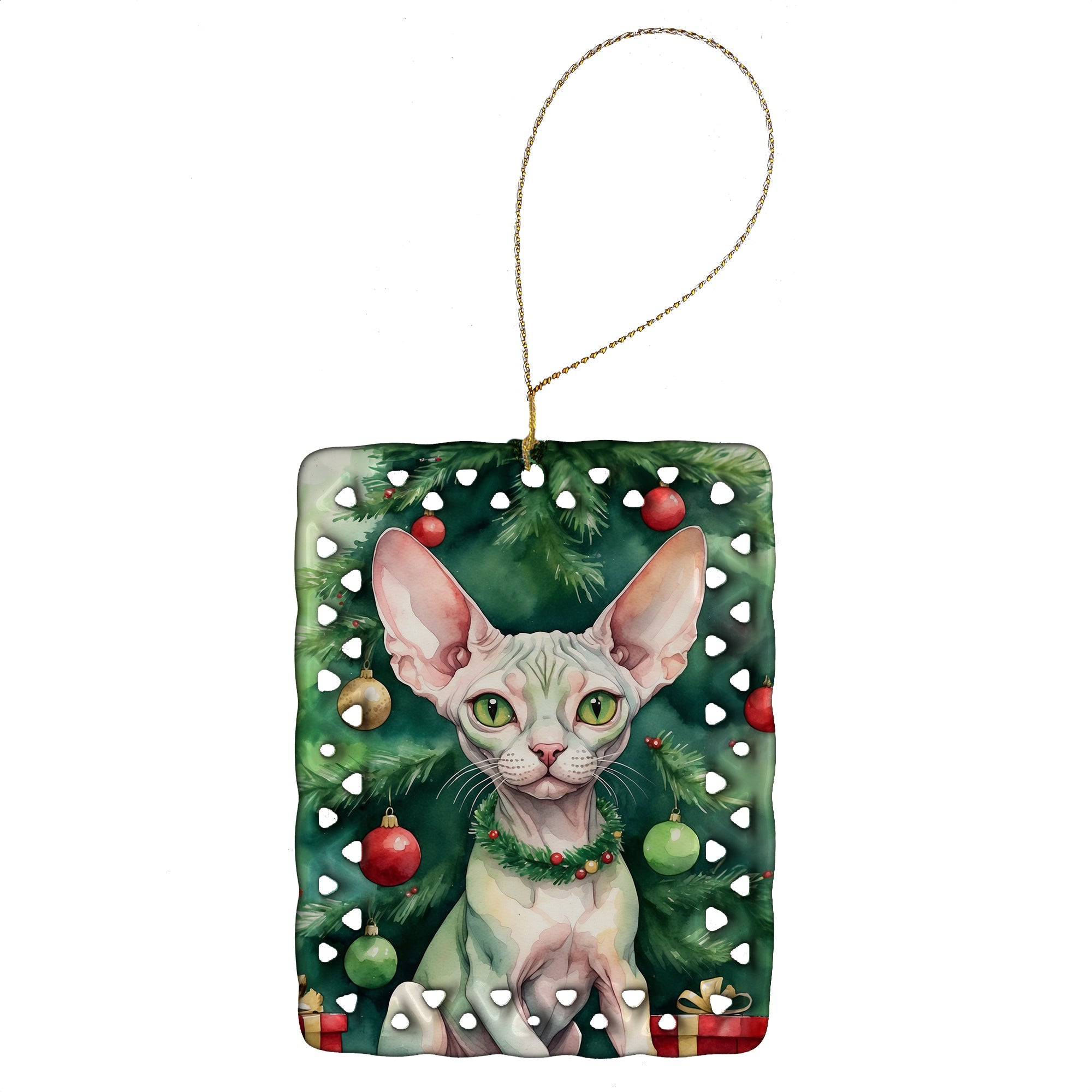 Minskin Cat By the Christmas Tree Porcelain Ornament Christmas Tree Hanging Decorations for Home Christmas Holiday, Rectangle, Gift, Multicolor