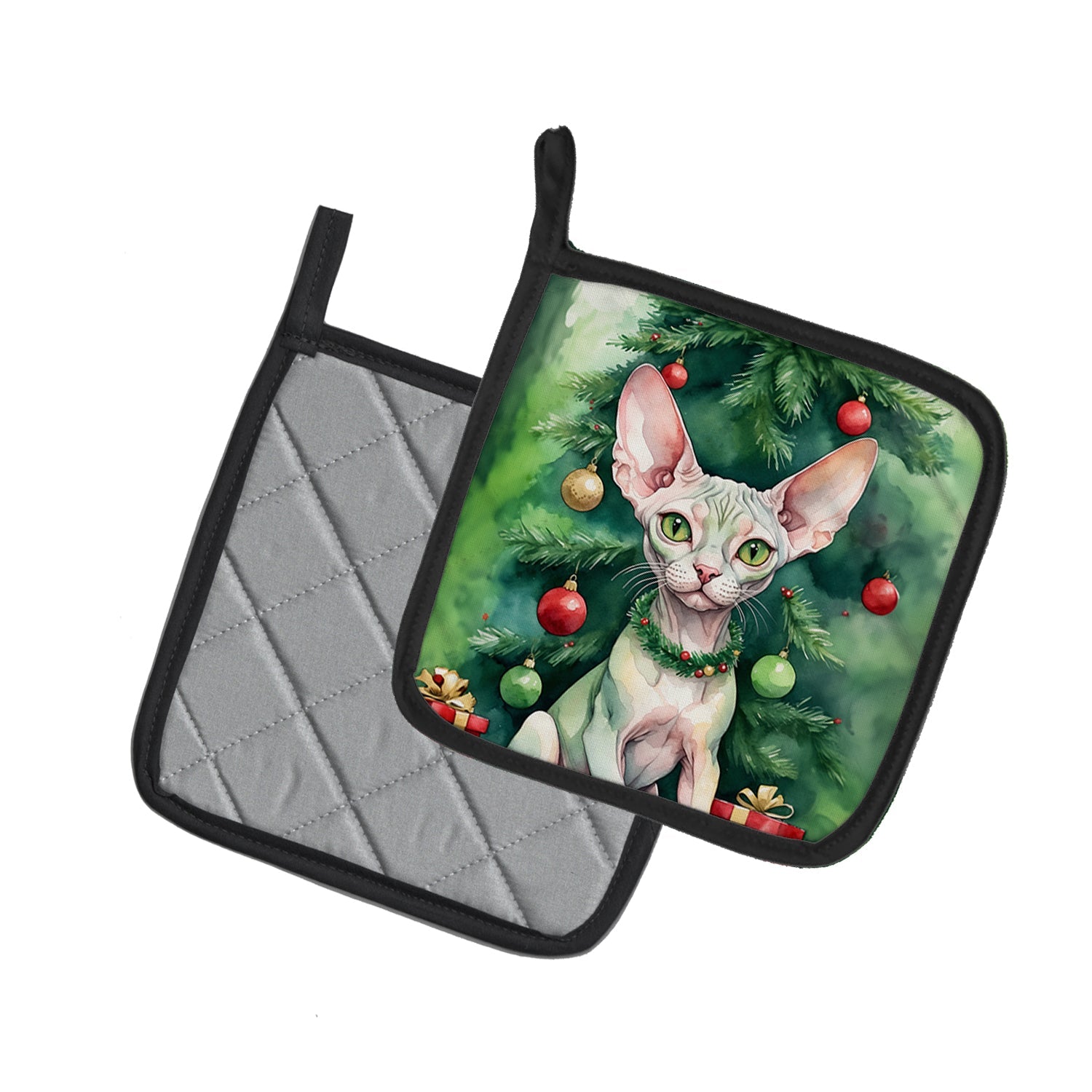 Minskin Cat By the Christmas Tree Pot Holder Set of 2 Heat Resistant Quilted Hot Pads 7.5 x 7.5 Inch, Insulated Kitchen Trivets for Cooking & Baking