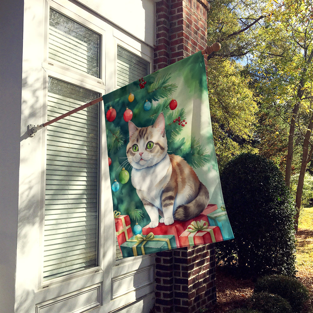 Munchkin Cat By the Christmas Tree House Flag 28x40 Porch Sleeve Pole Decorative Outside Yard Banner Artwork Wall Hanging, Polyester