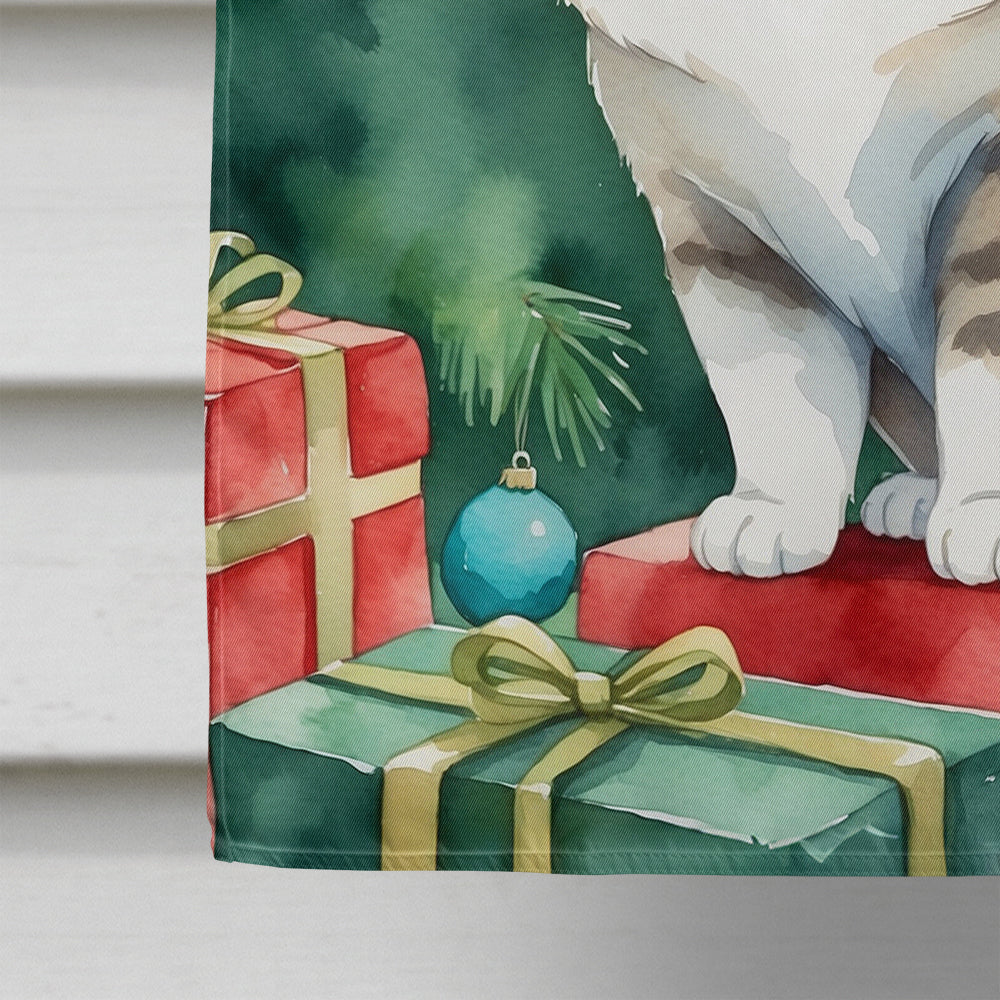 Munchkin Cat By the Christmas Tree House Flag 28x40 Porch Sleeve Pole Decorative Outside Yard Banner Artwork Wall Hanging, Polyester