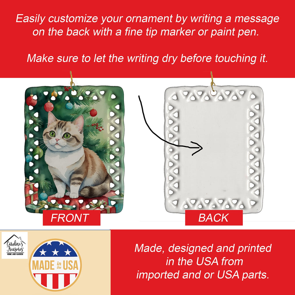 Munchkin Cat By the Christmas Tree Porcelain Ornament Christmas Tree Hanging Decorations for Home Christmas Holiday, Rectangle, Gift, Multicolor