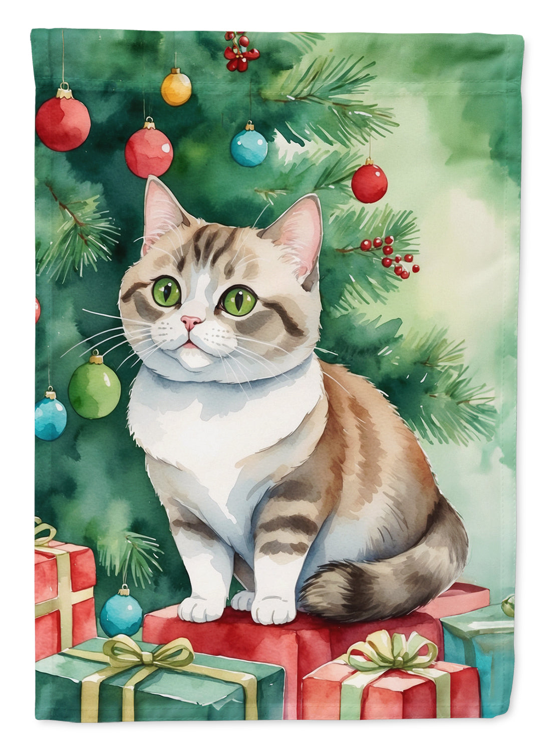 Munchkin Cat By the Christmas Tree Garden Flag Mailbox Decorative Yard Banner Outside Patio Artwork for Flower Beds, Garden Size, Multicolor