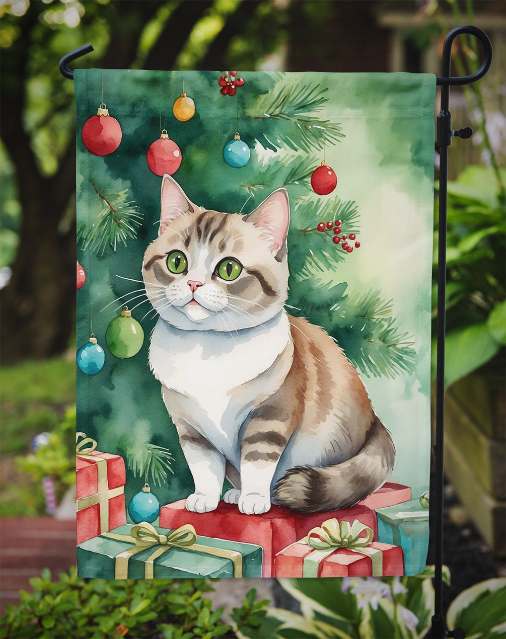 Munchkin Cat By the Christmas Tree Garden Flag Mailbox Decorative Yard Banner Outside Patio Artwork for Flower Beds, Garden Size, Multicolor