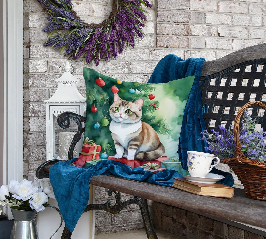 Munchkin Cat By the Christmas Tree Decorative Throw Pillow 18x18 Indoor Outdoor Accent Cushion, Fabric Cover with Insert for Sofa, Bed, Porch & Living Room