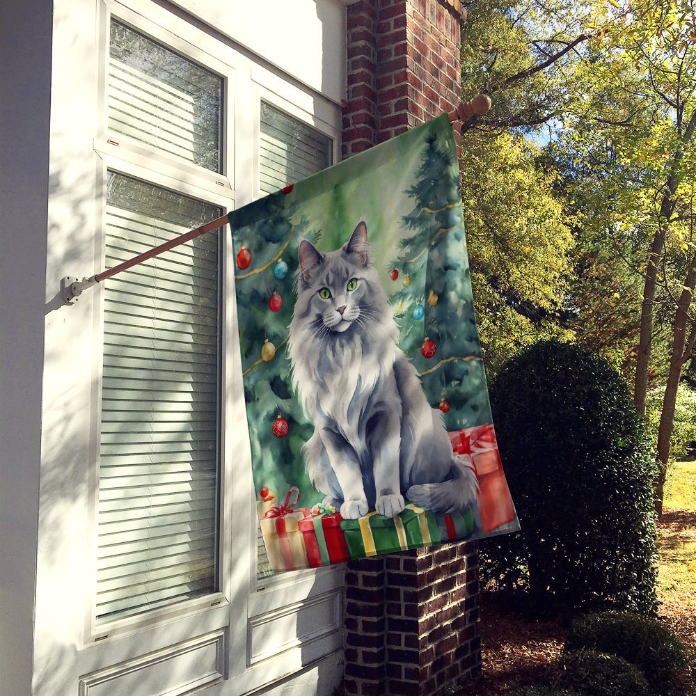 Nebelung Cat By the Christmas Tree House Flag 28x40 Porch Sleeve Pole Decorative Outside Yard Banner Artwork Wall Hanging, Polyester