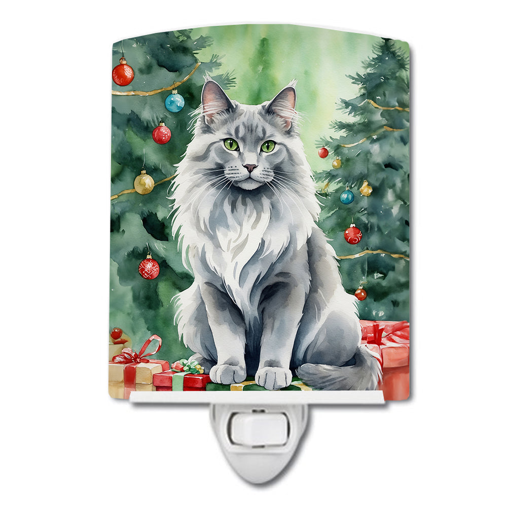 Nebelung Cat By the Christmas Tree Ceramic Night Light Compact, UL-Certified, Ideal for Bedroom, Bathroom, Nursery, Hallway, Kitchen, 6x4x3, Multicolor