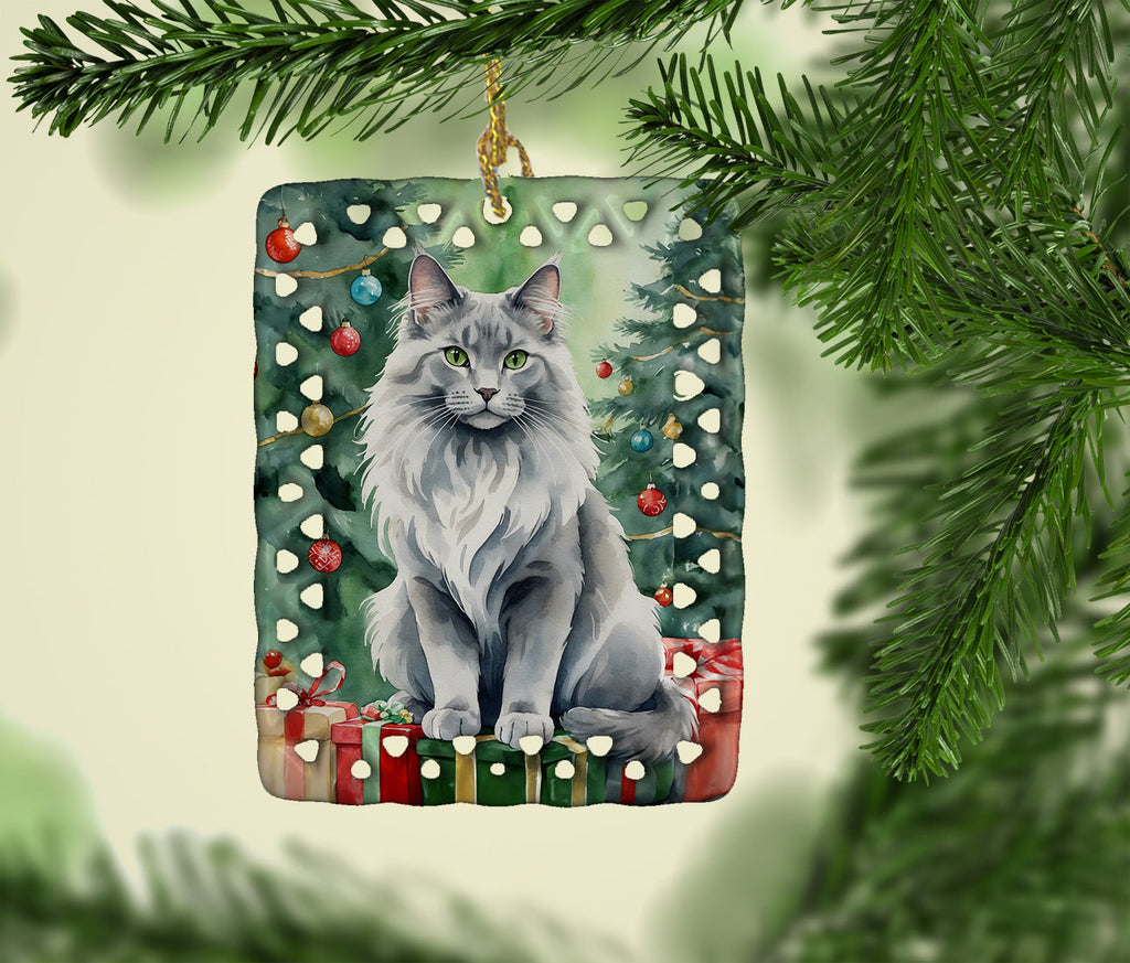 Nebelung Cat By the Christmas Tree Porcelain Ornament Christmas Tree Hanging Decorations for Home Christmas Holiday, Rectangle, Gift, Multicolor