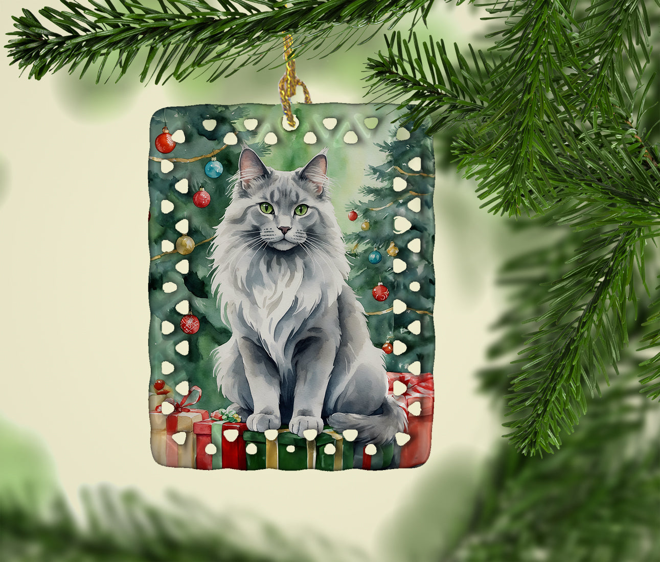 Nebelung Cat By the Christmas Tree Porcelain Ornament Christmas Tree Hanging Decorations for Home Christmas Holiday, Rectangle, Gift, Multicolor