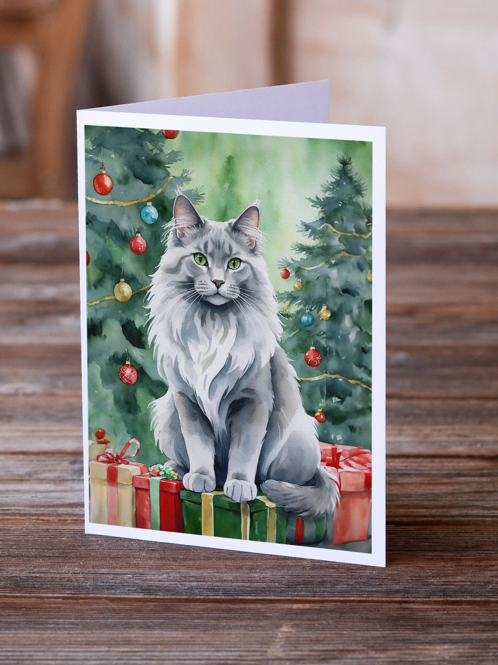 Nebelung Cat By the Christmas Tree Greeting Cards Pack of 8 Blank Cards with Envelopes Whimsical A7 Size 5x7