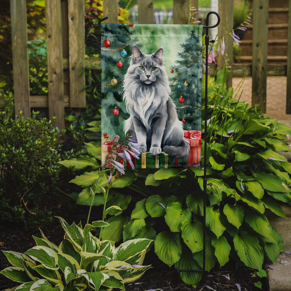 Nebelung Cat By the Christmas Tree Garden Flag Mailbox Decorative Yard Banner Outside Patio Artwork for Flower Beds, Garden Size, Multicolor