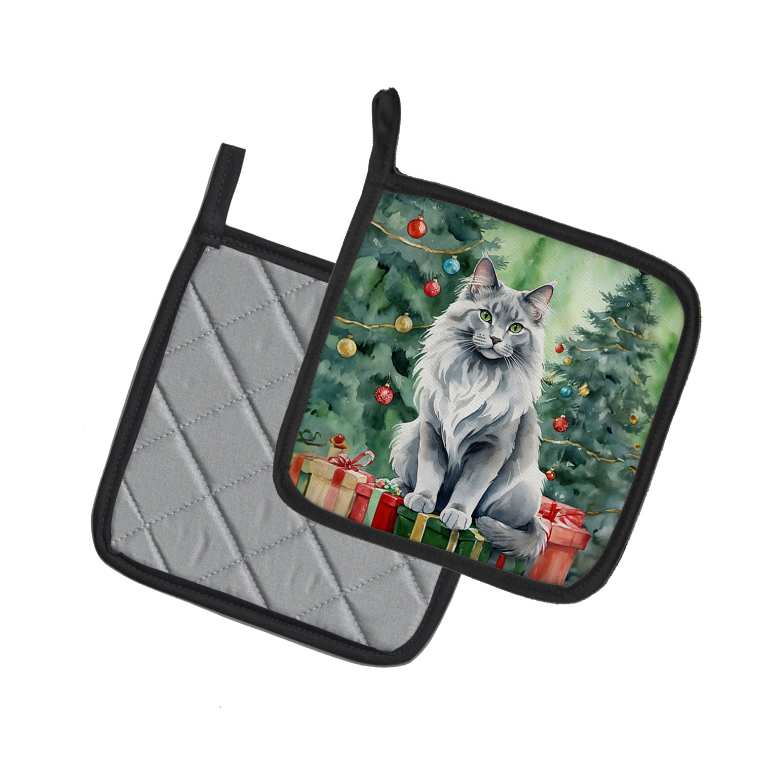 Nebelung Cat By the Christmas Tree Pot Holder Set of 2 Heat Resistant Quilted Hot Pads 7.5 x 7.5 Inch, Insulated Kitchen Trivets for Cooking & Baking