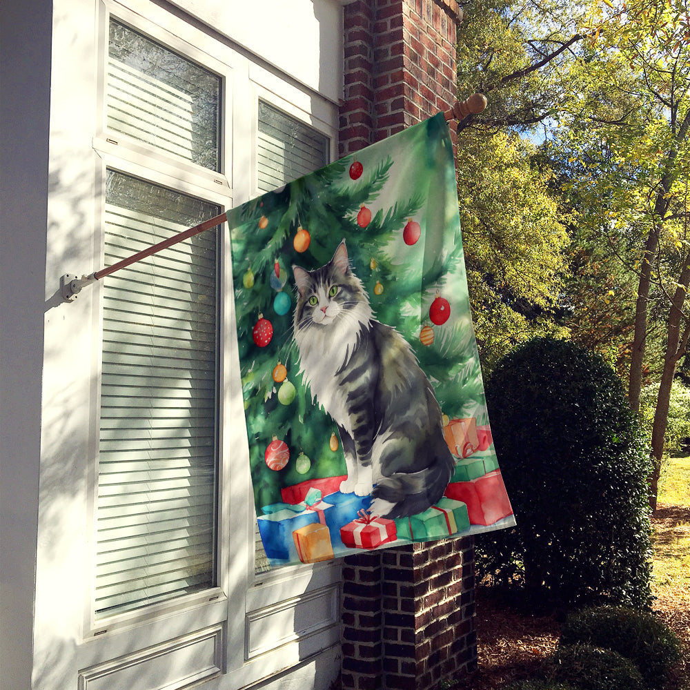 Norwegian Forest Cat By the Christmas Tree House Flag 28x40 Porch Sleeve Pole Decorative Outside Yard Banner Artwork Wall Hanging, Polyester