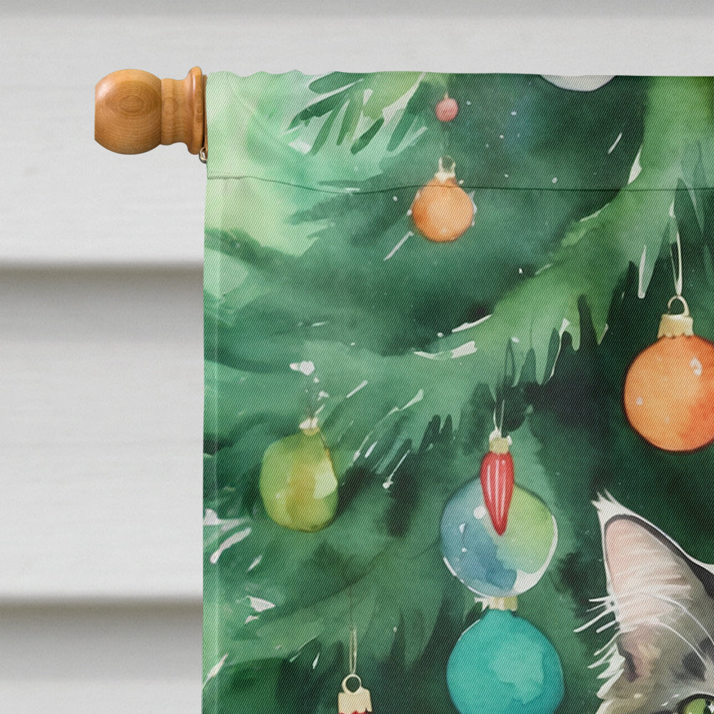 Norwegian Forest Cat By the Christmas Tree House Flag 28x40 Porch Sleeve Pole Decorative Outside Yard Banner Artwork Wall Hanging, Polyester