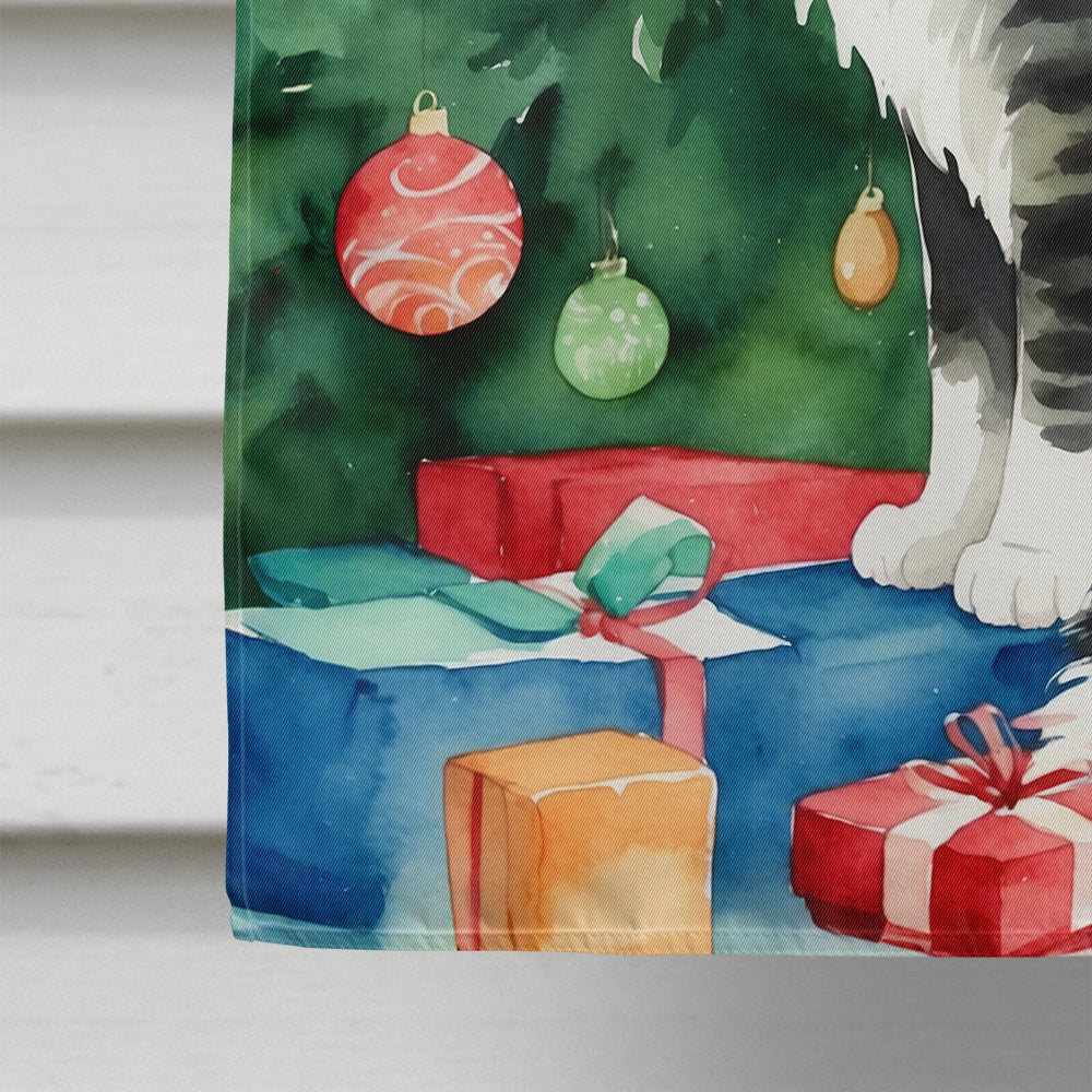 Norwegian Forest Cat By the Christmas Tree House Flag 28x40 Porch Sleeve Pole Decorative Outside Yard Banner Artwork Wall Hanging, Polyester