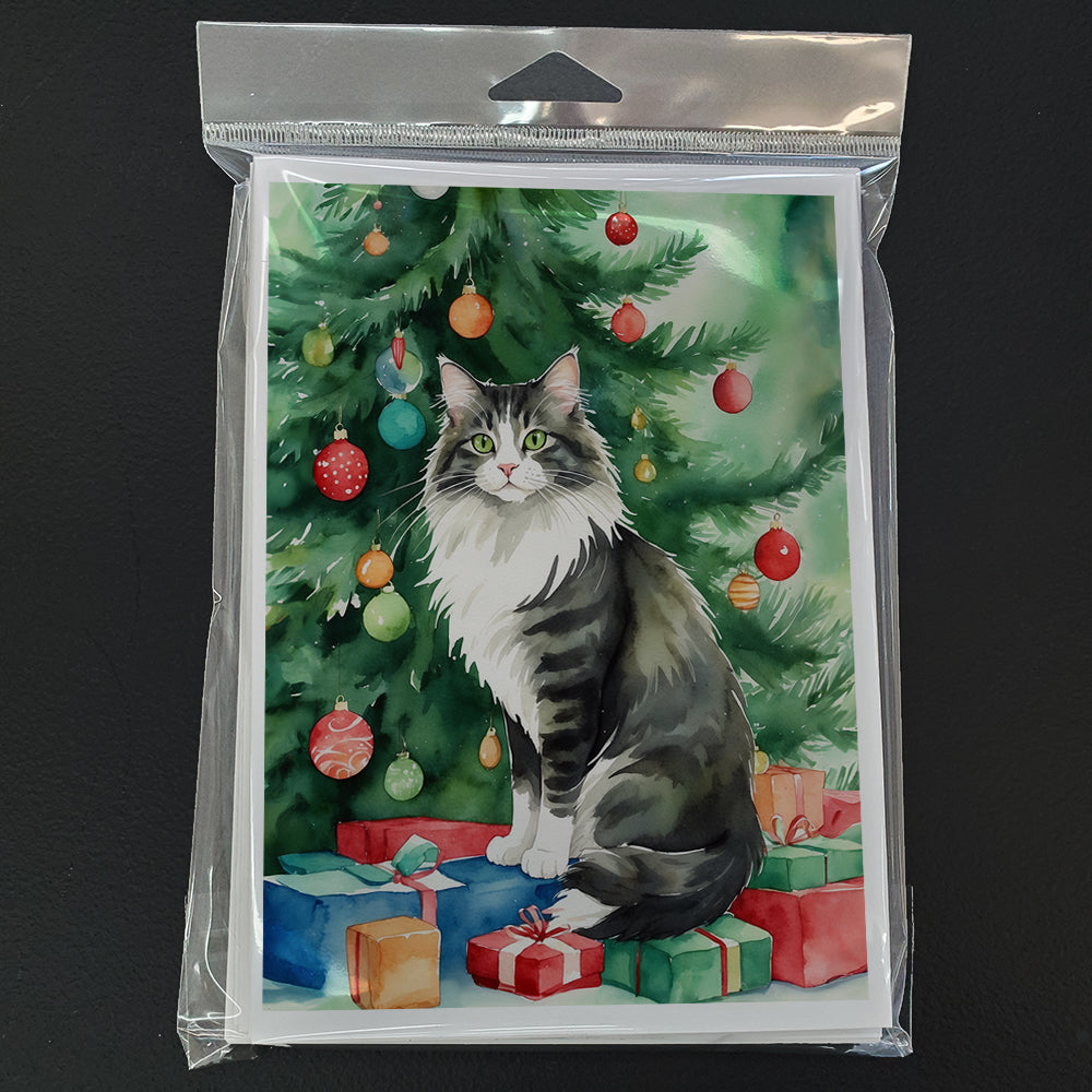 Norwegian Forest Cat By the Christmas Tree Greeting Cards Pack of 8 Blank Cards with Envelopes Whimsical A7 Size 5x7