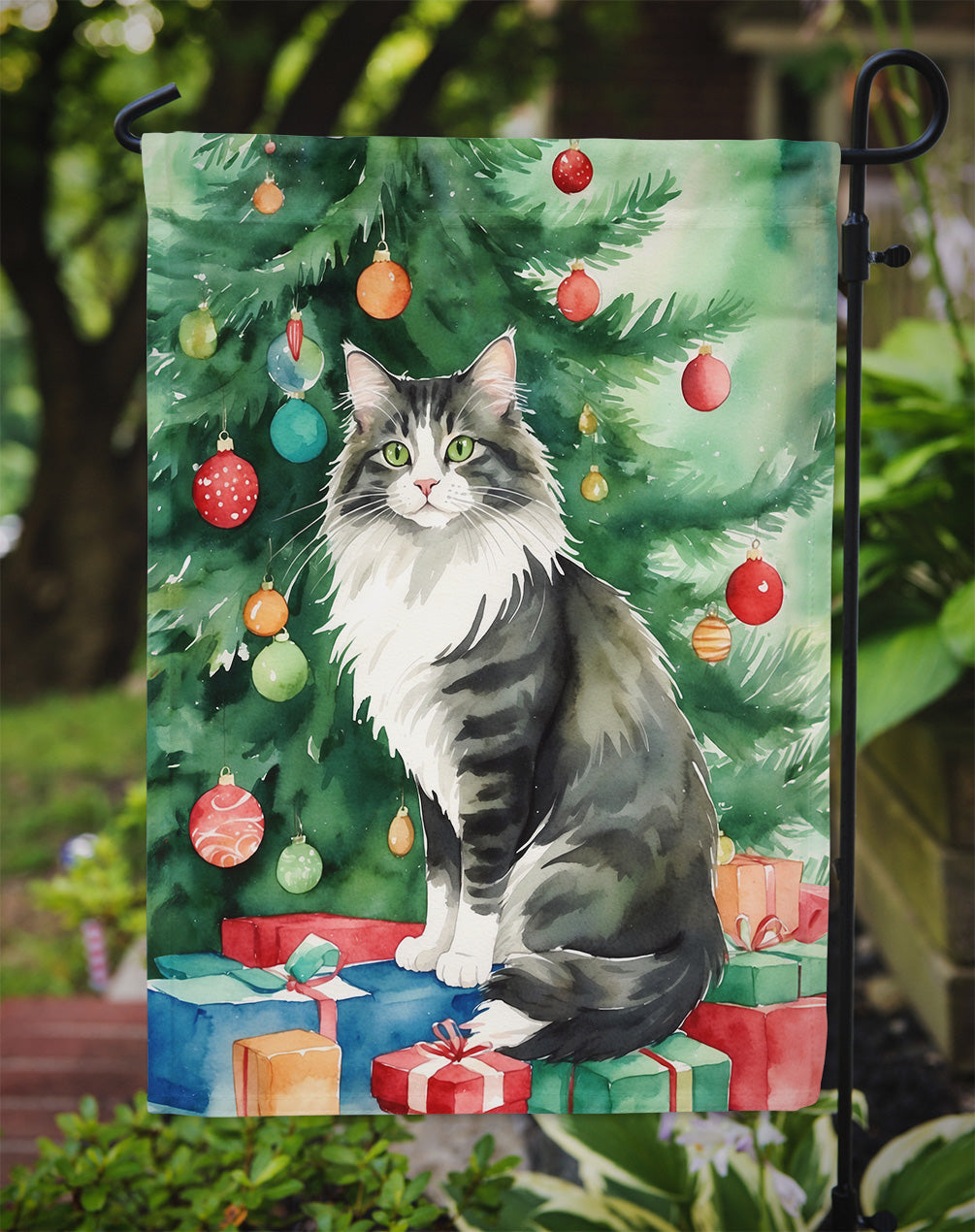 Norwegian Forest Cat By the Christmas Tree Garden Flag Mailbox Decorative Yard Banner Outside Patio Artwork for Flower Beds, Garden Size, Multicolor