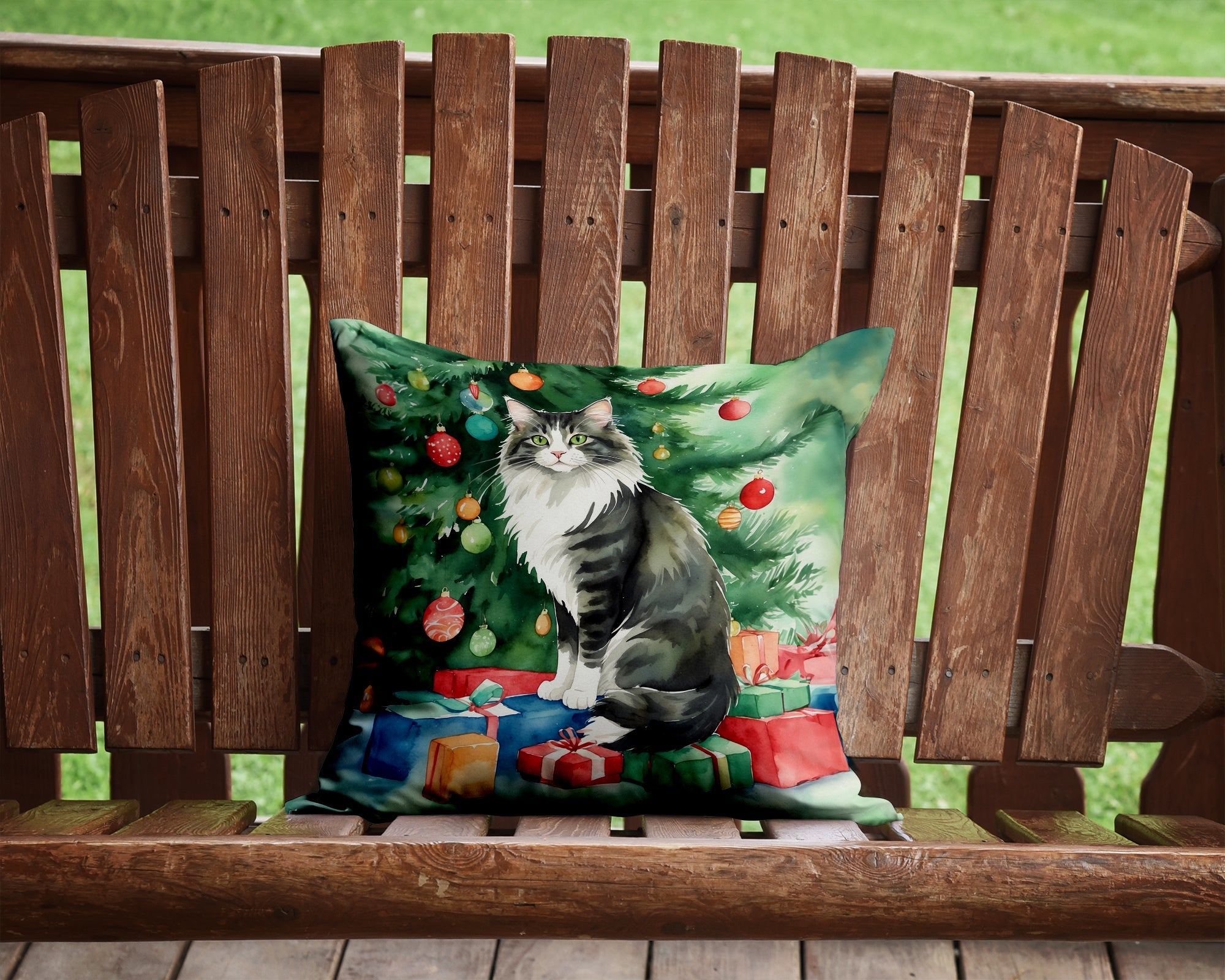 Norwegian Forest Cat By the Christmas Tree Decorative Throw Pillow 14x14 Indoor Outdoor Accent Cushion, Fabric Cover with Insert for Sofa, Bed, Porch & Living Room