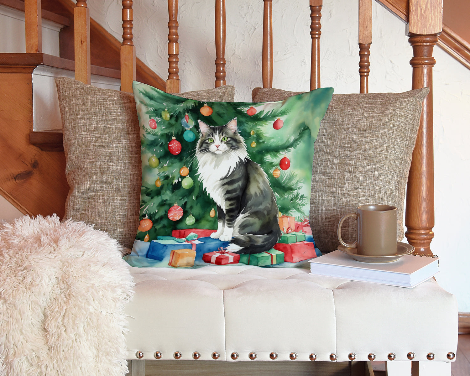 Norwegian Forest Cat By the Christmas Tree Decorative Throw Pillow 14x14 Indoor Outdoor Accent Cushion, Fabric Cover with Insert for Sofa, Bed, Porch & Living Room