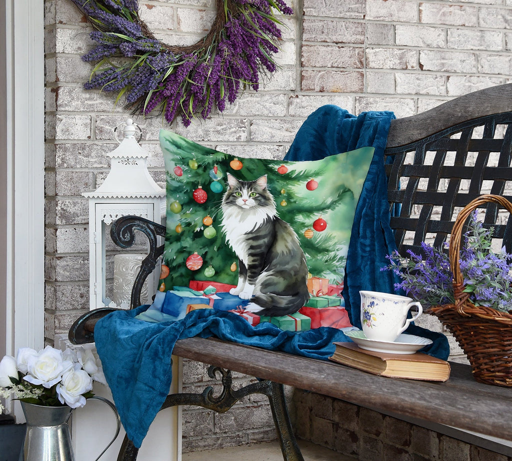 Norwegian Forest Cat By the Christmas Tree Decorative Throw Pillow 18x18 Indoor Outdoor Accent Cushion, Fabric Cover with Insert for Sofa, Bed, Porch & Living Room