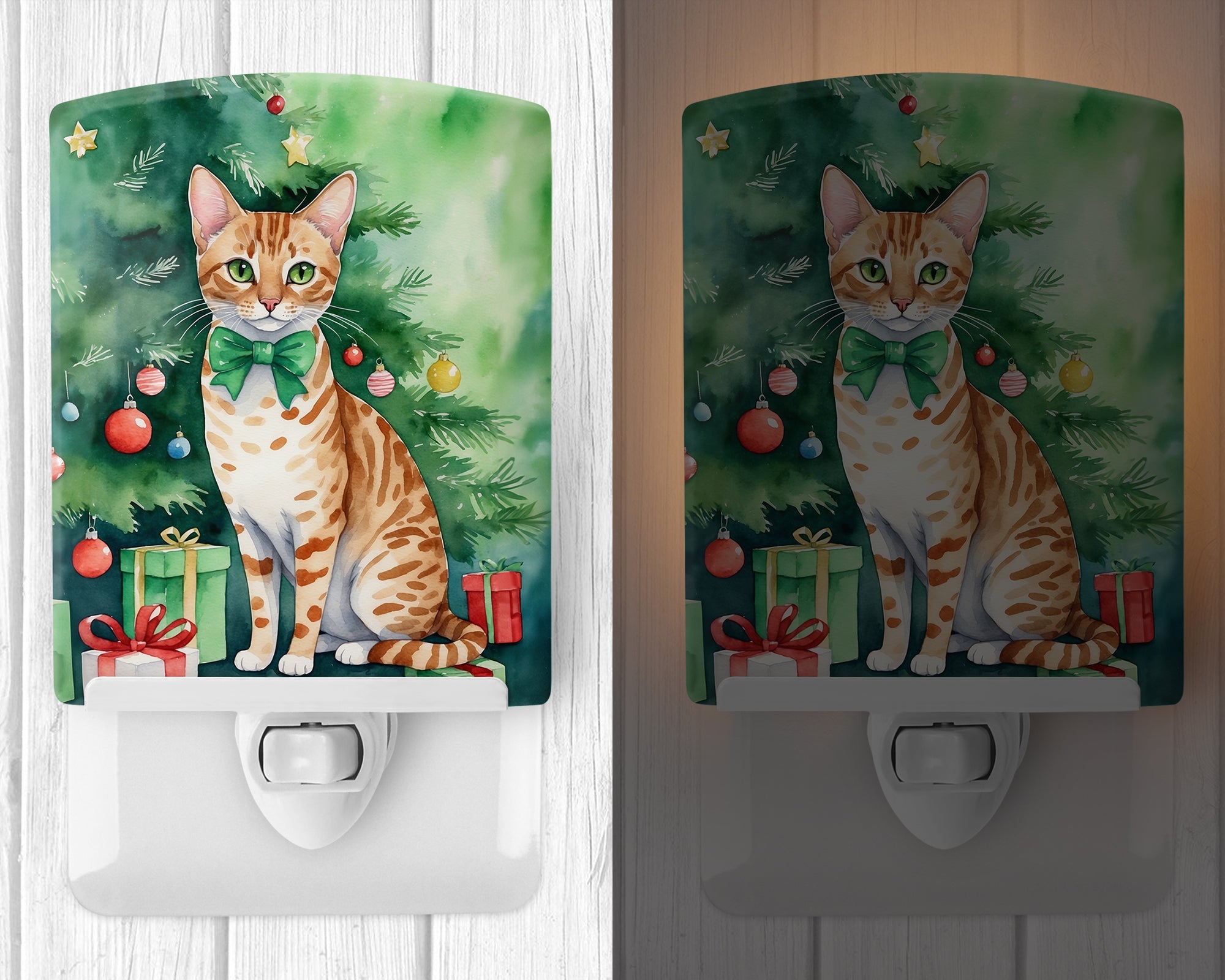 Ocicat Cat By the Christmas Tree Ceramic Night Light Compact, UL-Certified, Ideal for Bedroom, Bathroom, Nursery, Hallway, Kitchen, 6x4x3, Multicolor