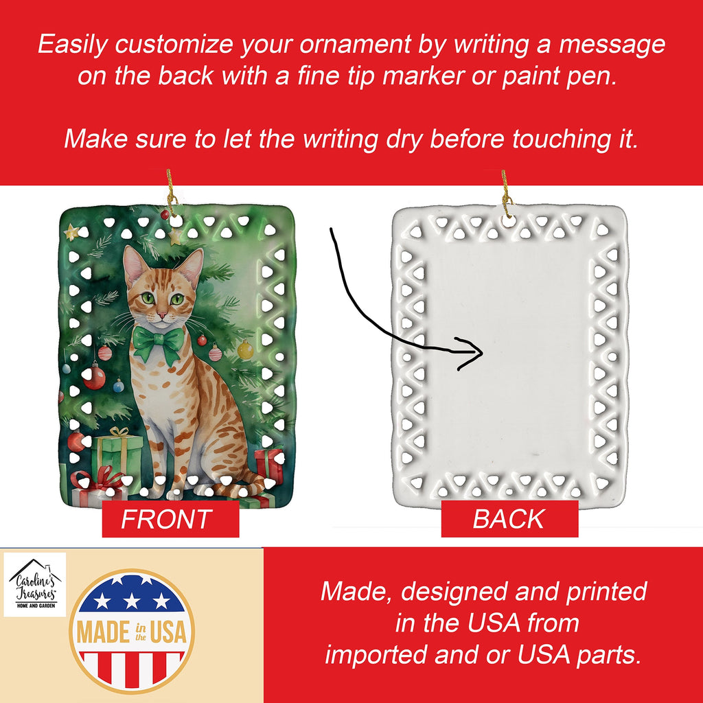 Ocicat Cat By the Christmas Tree Porcelain Ornament Christmas Tree Hanging Decorations for Home Christmas Holiday, Rectangle, Gift, Multicolor