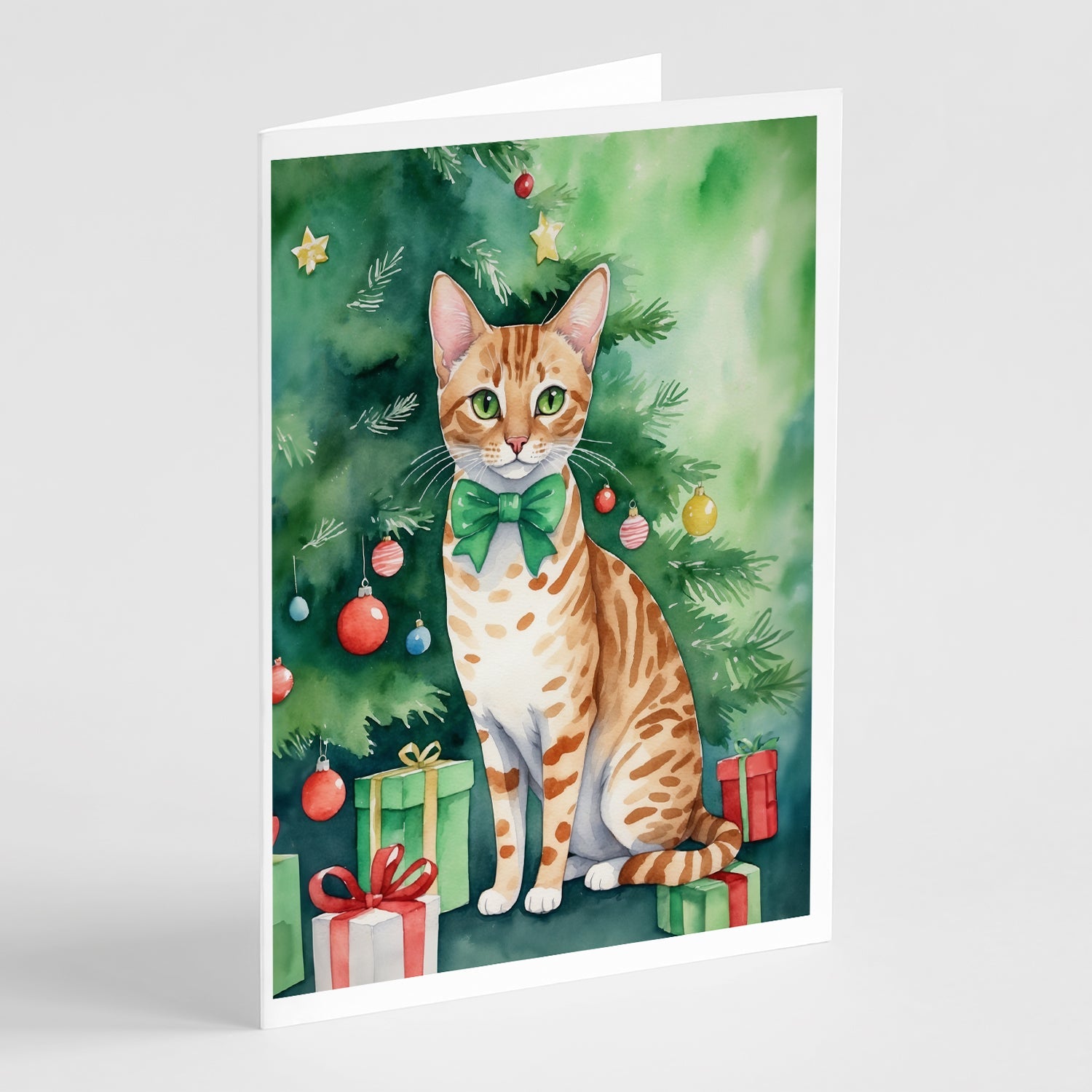 Ocicat Cat By the Christmas Tree Greeting Cards Pack of 8 Blank Cards with Envelopes Whimsical A7 Size 5x7