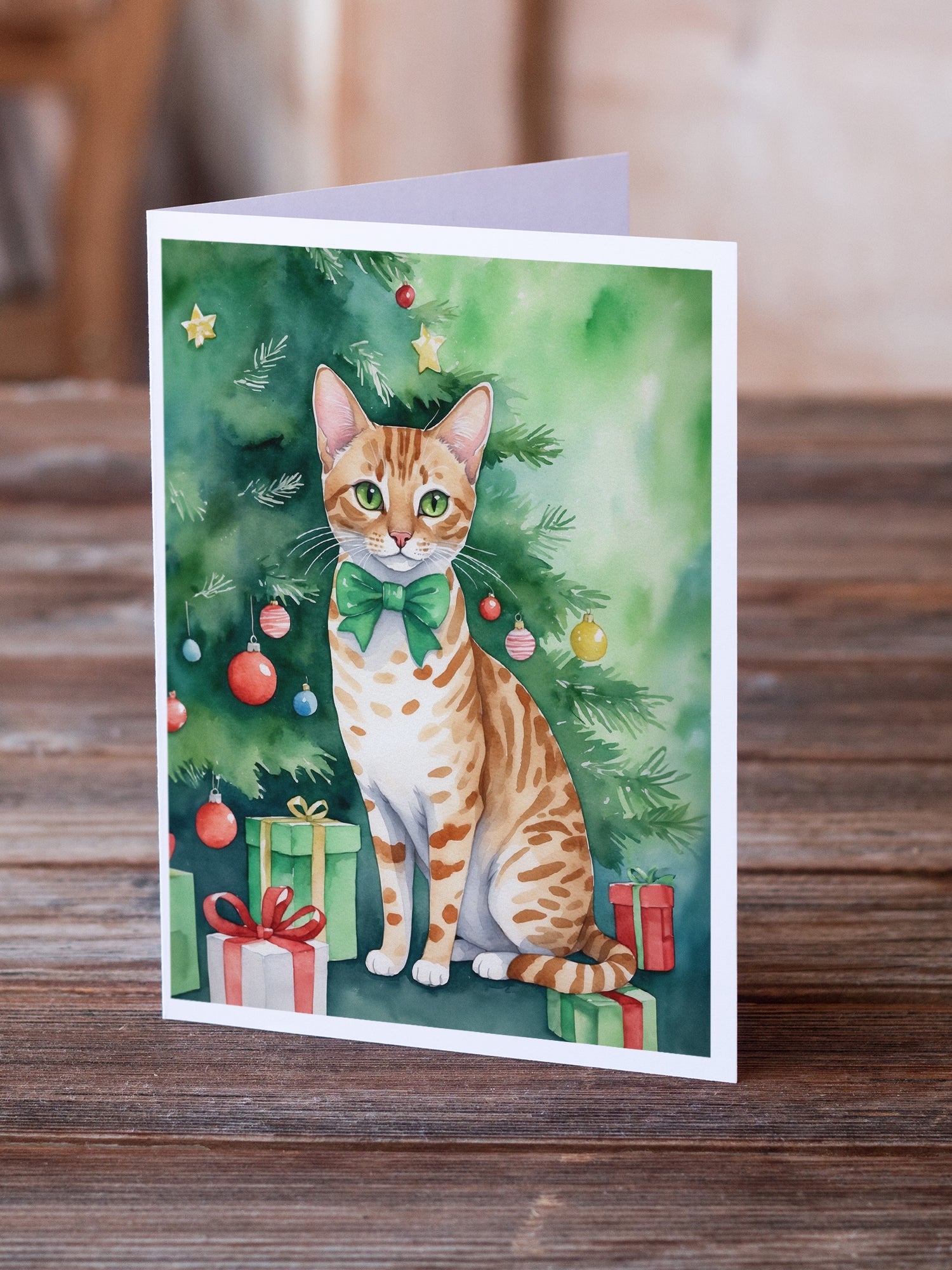 Ocicat Cat By the Christmas Tree Greeting Cards Pack of 8 Blank Cards with Envelopes Whimsical A7 Size 5x7