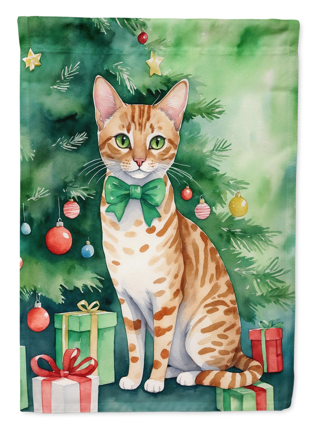 Ocicat Cat By the Christmas Tree Garden Flag Mailbox Decorative Yard Banner Outside Patio Artwork for Flower Beds, Garden Size, Multicolor