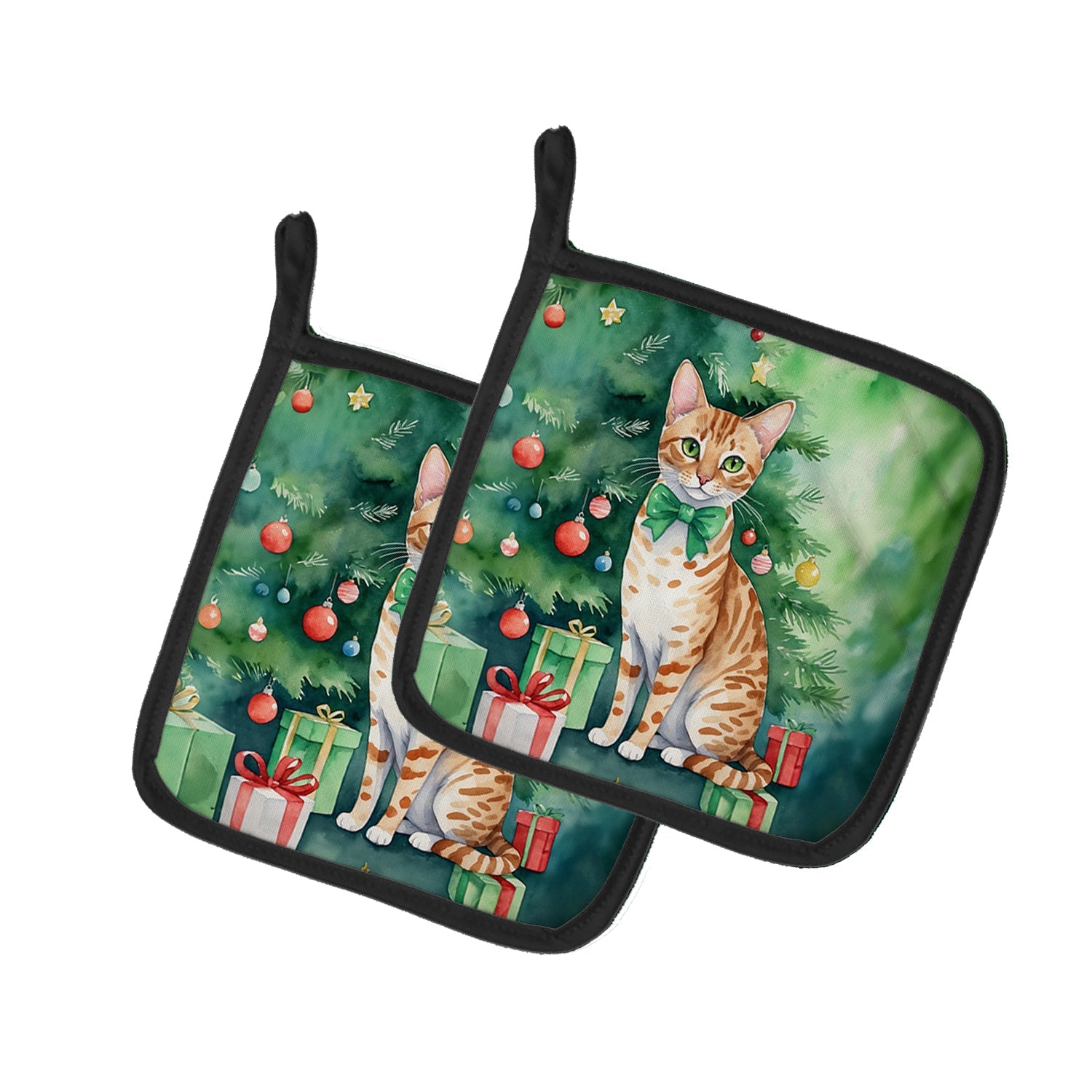 Ocicat Cat By the Christmas Tree Pot Holder Set of 2 Heat Resistant Quilted Hot Pads 7.5 x 7.5 Inch, Insulated Kitchen Trivets for Cooking & Baking