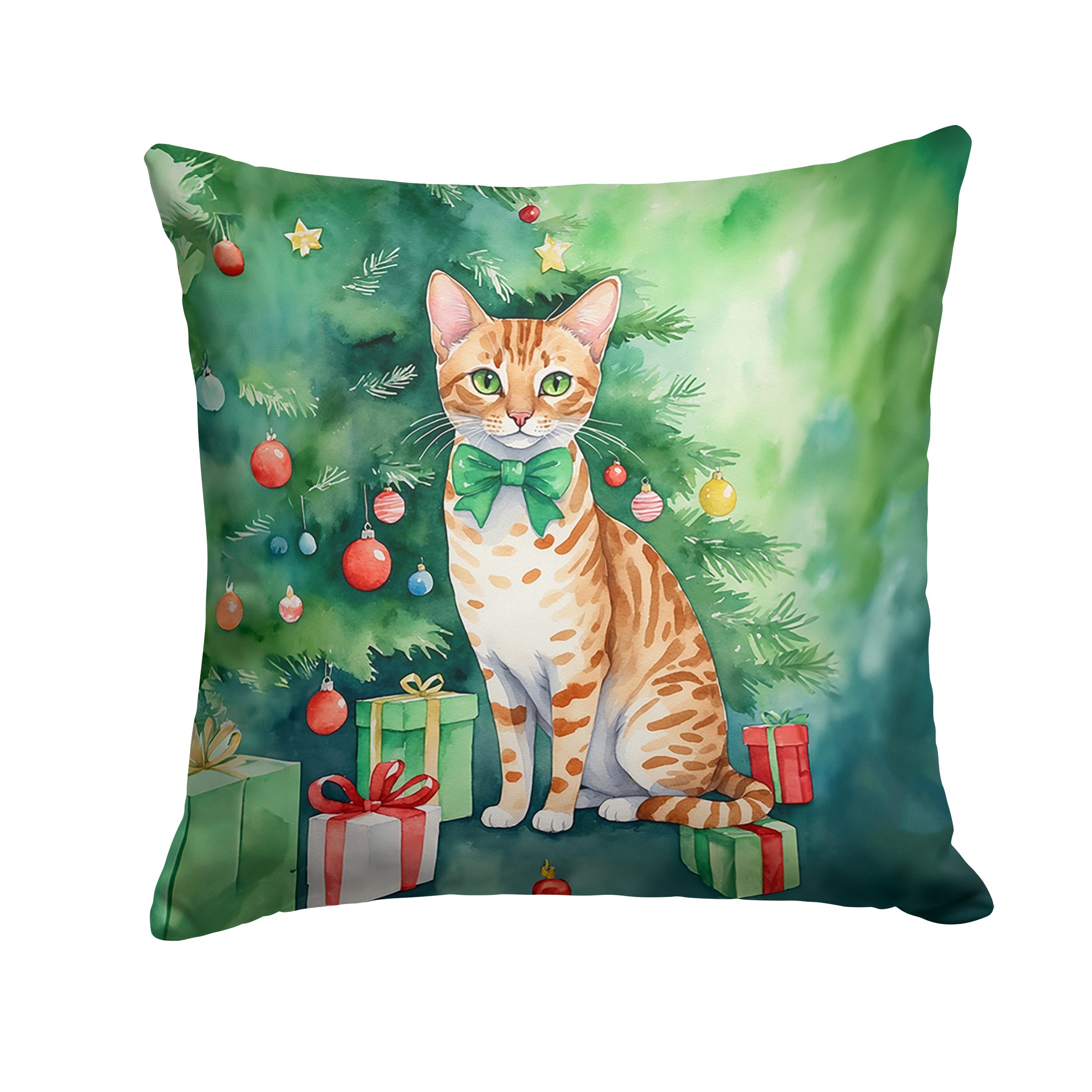 Ocicat Cat By the Christmas Tree Decorative Throw Pillow 14x14 Indoor Outdoor Accent Cushion, Fabric Cover with Insert for Sofa, Bed, Porch & Living Room