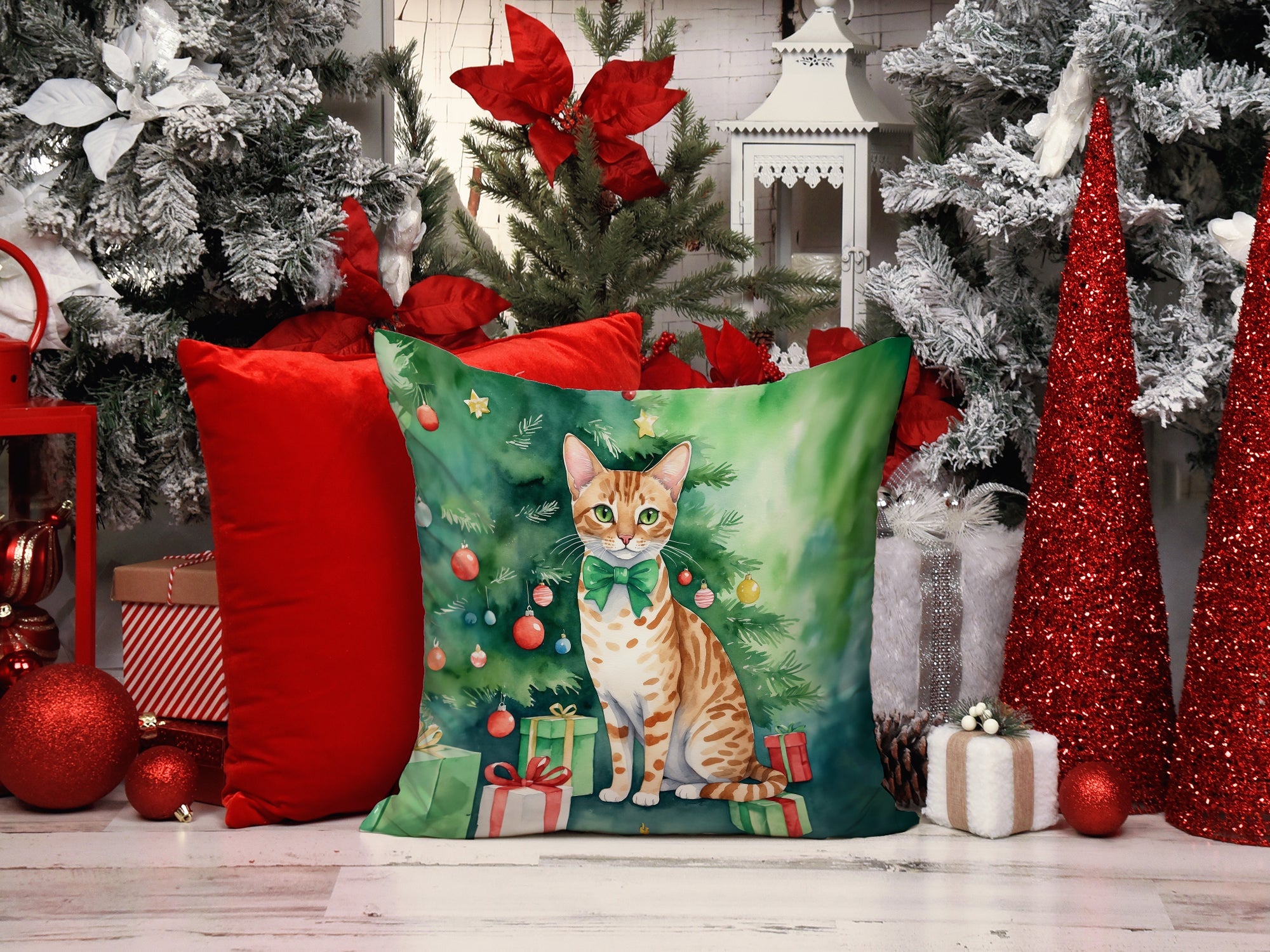 Ocicat Cat By the Christmas Tree Decorative Throw Pillow 18x18 Indoor Outdoor Accent Cushion, Fabric Cover with Insert for Sofa, Bed, Porch & Living Room