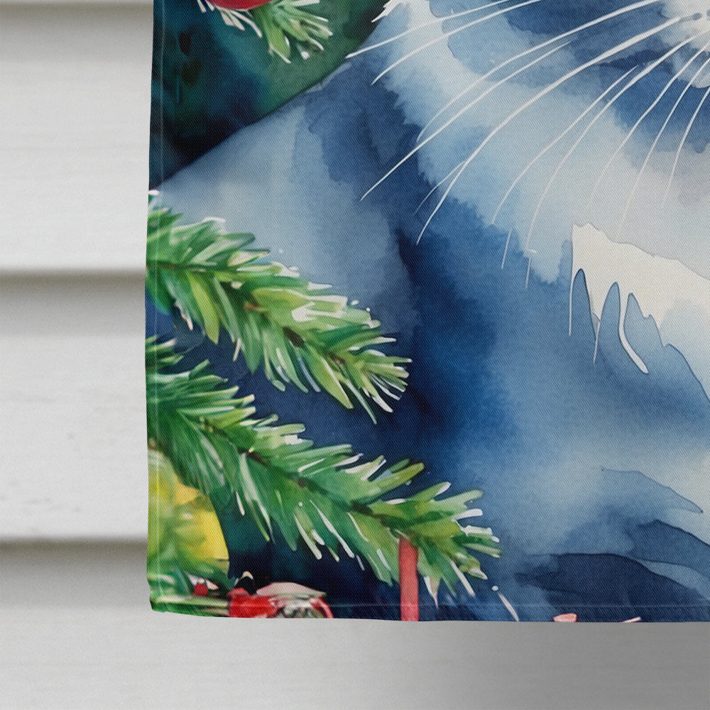 Ojos Azules Cat By the Christmas Tree House Flag 28x40 Porch Sleeve Pole Decorative Outside Yard Banner Artwork Wall Hanging, Polyester