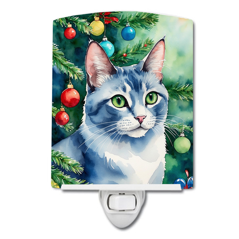 Ojos Azules Cat By the Christmas Tree Ceramic Night Light Compact, UL-Certified, Ideal for Bedroom, Bathroom, Nursery, Hallway, Kitchen, 6x4x3, Multicolor
