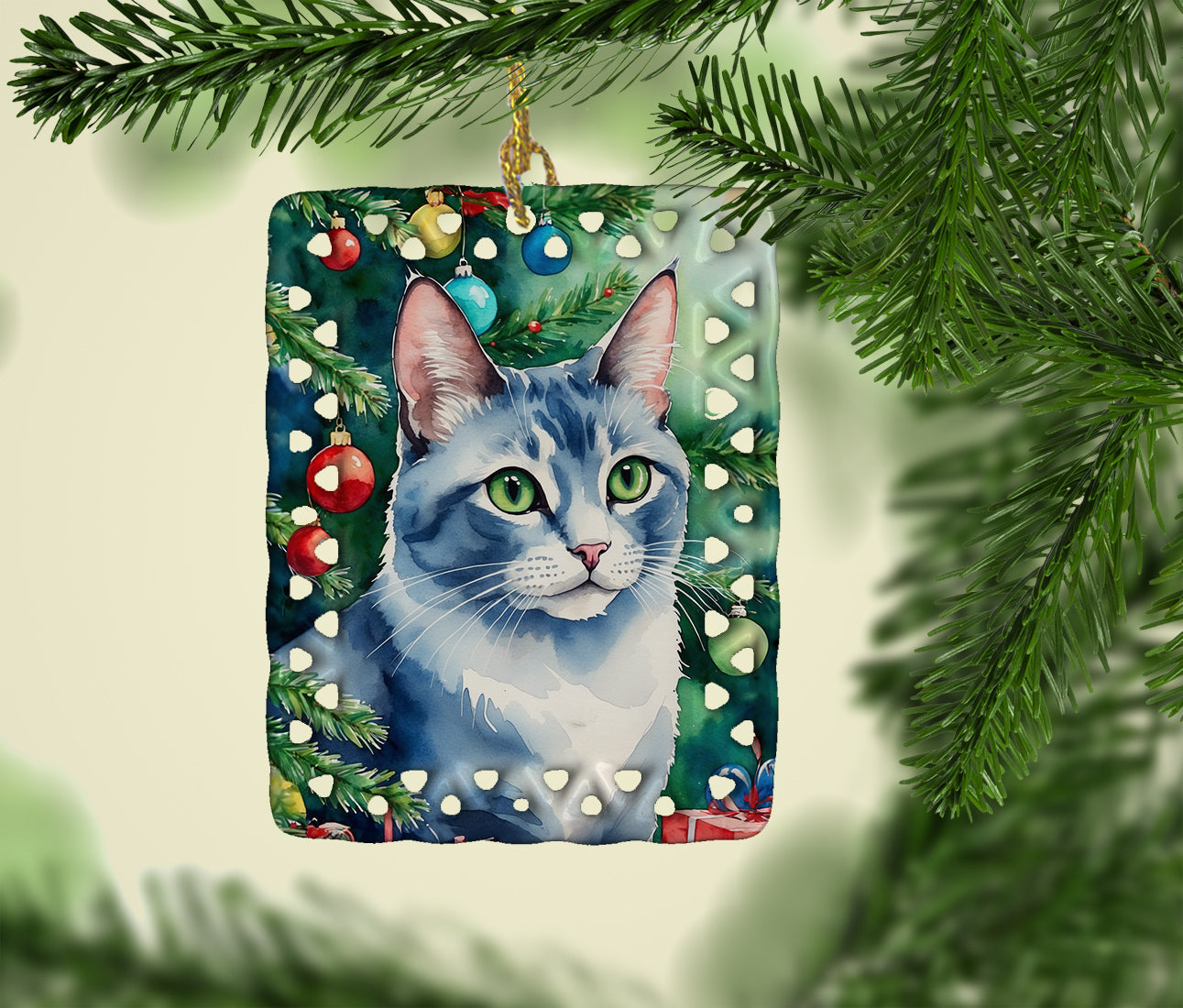 Ojos Azules Cat By the Christmas Tree Porcelain Ornament Christmas Tree Hanging Decorations for Home Christmas Holiday, Rectangle, Gift, Multicolor