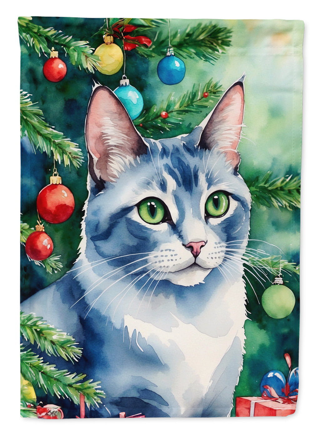 Ojos Azules Cat By the Christmas Tree Garden Flag Mailbox Decorative Yard Banner Outside Patio Artwork for Flower Beds, Garden Size, Multicolor