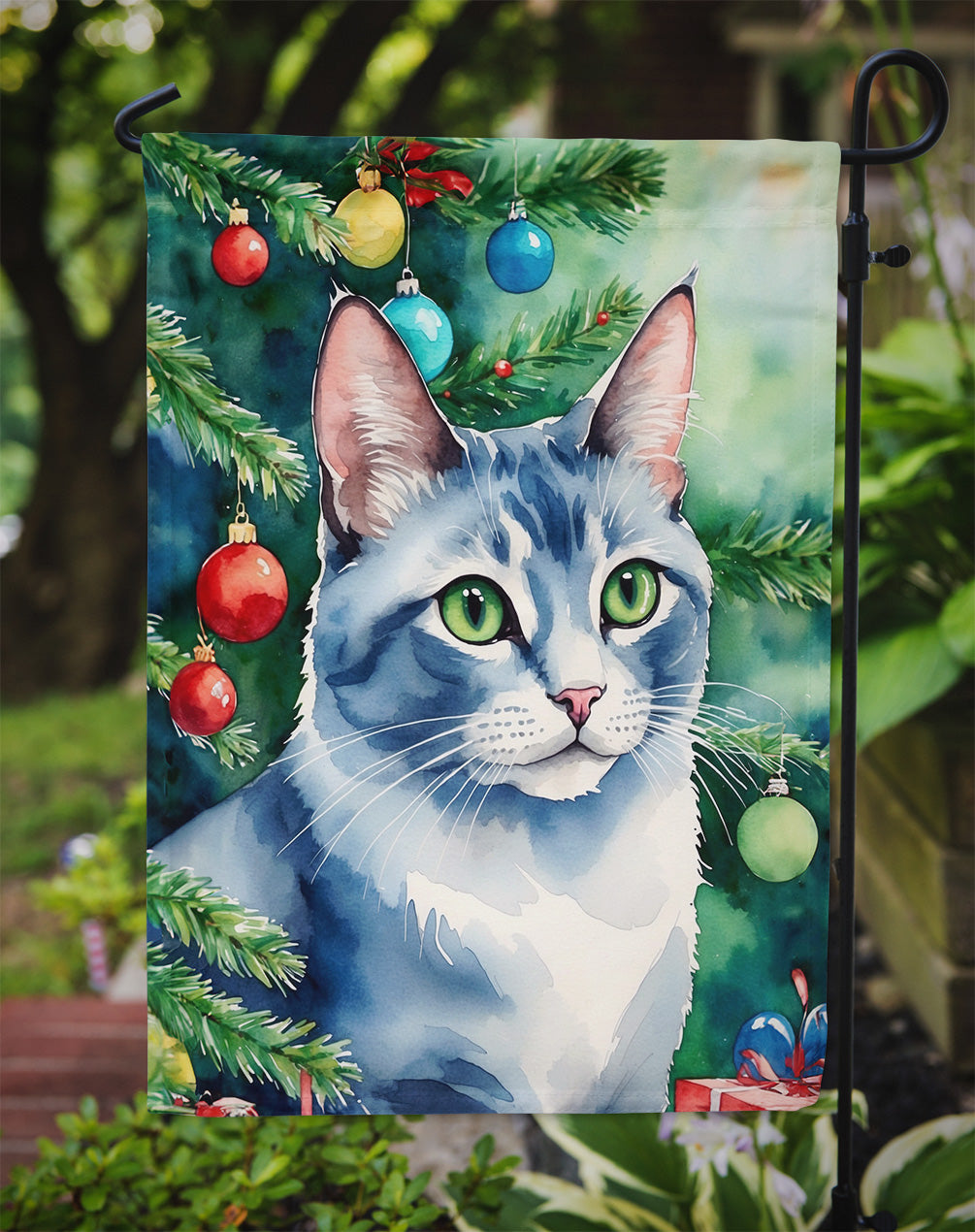 Ojos Azules Cat By the Christmas Tree Garden Flag Mailbox Decorative Yard Banner Outside Patio Artwork for Flower Beds, Garden Size, Multicolor