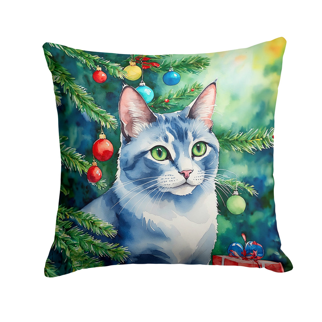 Ojos Azules Cat By the Christmas Tree Decorative Throw Pillow 14x14 Indoor Outdoor Accent Cushion, Fabric Cover with Insert for Sofa, Bed, Porch & Living Room