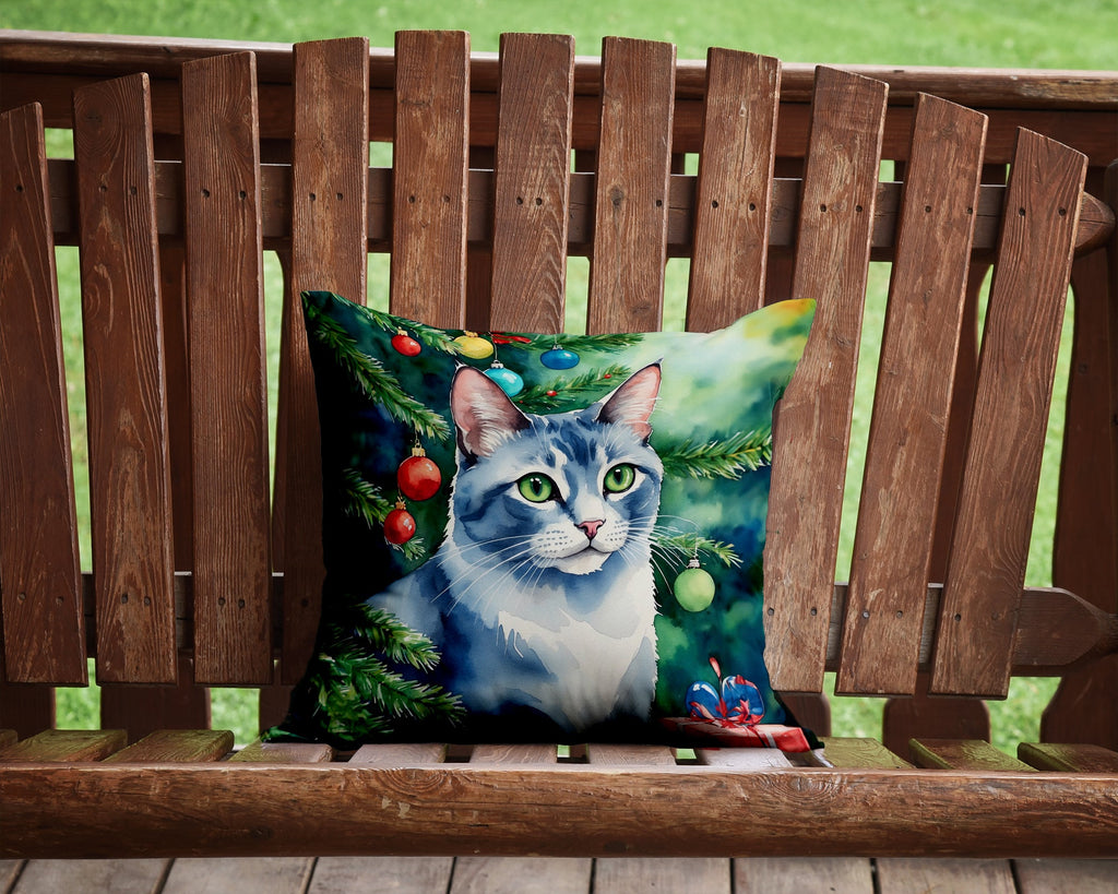 Ojos Azules Cat By the Christmas Tree Decorative Throw Pillow 14x14 Indoor Outdoor Accent Cushion, Fabric Cover with Insert for Sofa, Bed, Porch & Living Room