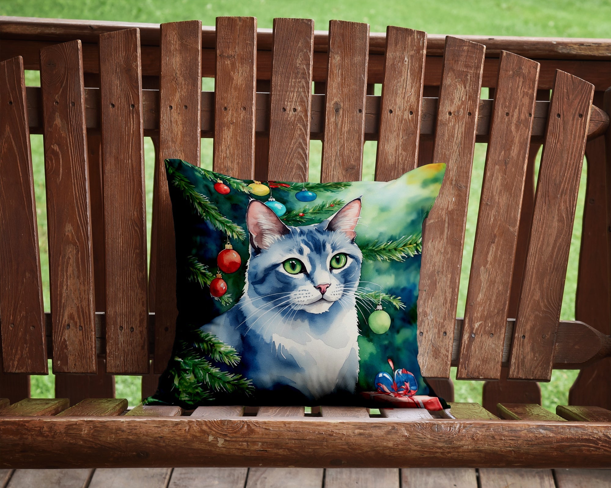 Ojos Azules Cat By the Christmas Tree Decorative Throw Pillow 14x14 Indoor Outdoor Accent Cushion, Fabric Cover with Insert for Sofa, Bed, Porch & Living Room
