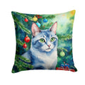 Ojos Azules Cat By the Christmas Tree Decorative Throw Pillow 18x18 Indoor Outdoor Accent Cushion, Fabric Cover with Insert for Sofa, Bed, Porch & Living Room