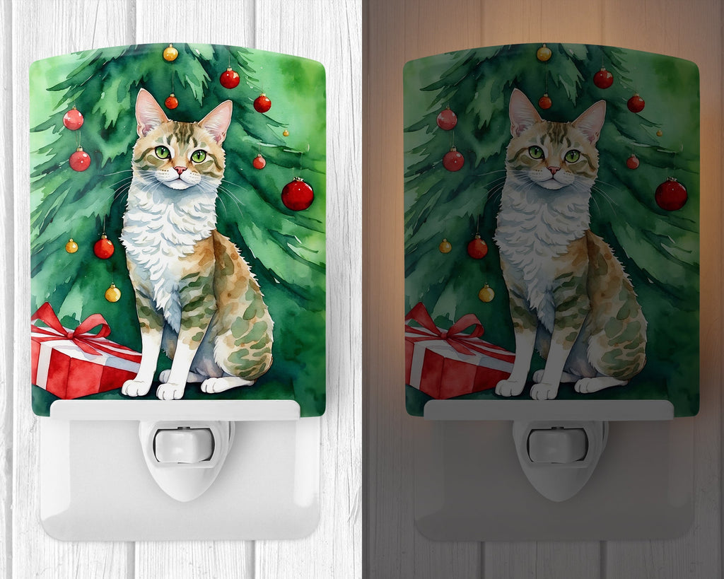 Oregon Rex Cat By the Christmas Tree Ceramic Night Light Compact, UL-Certified, Ideal for Bedroom, Bathroom, Nursery, Hallway, Kitchen, 6x4x3, Multicolor