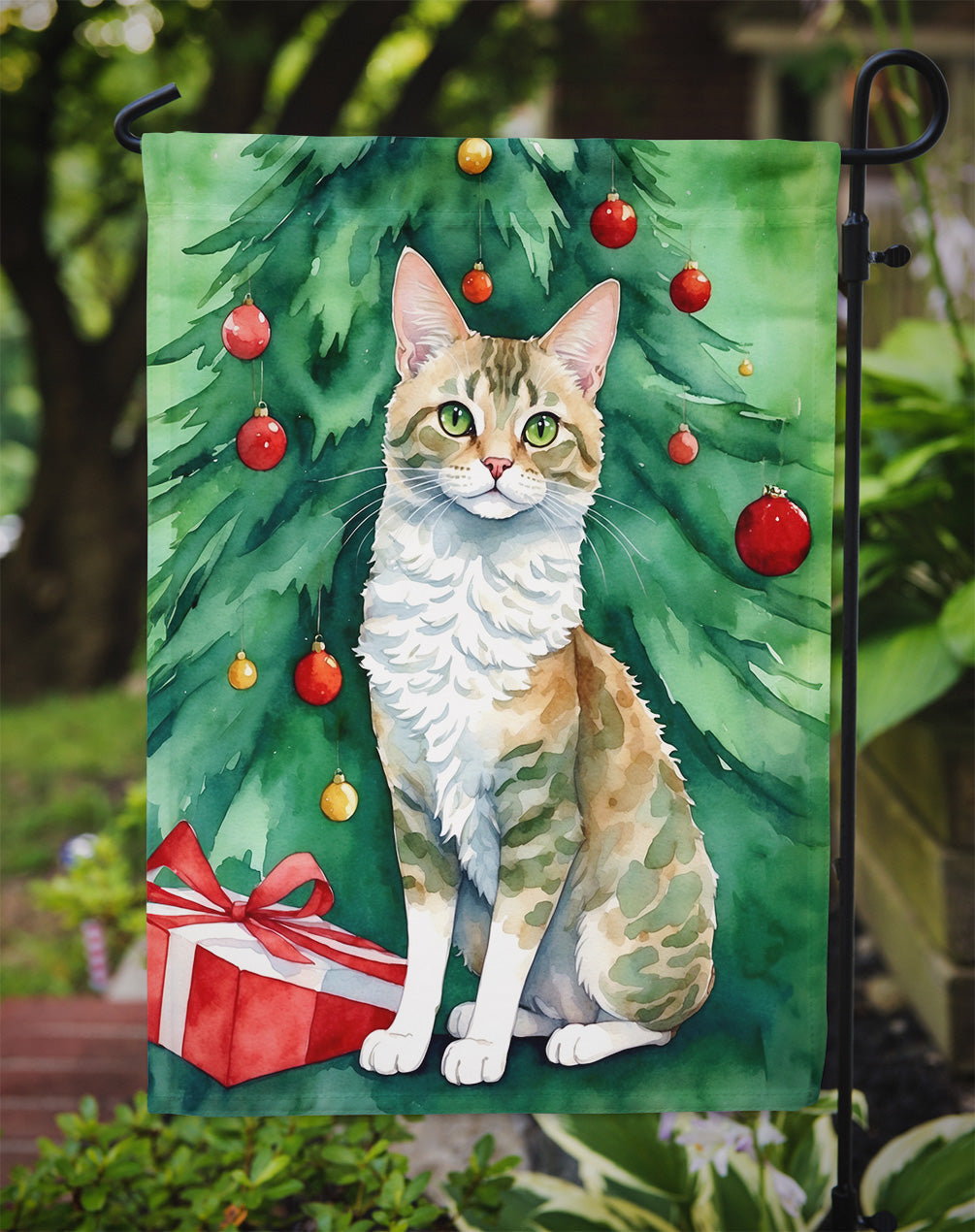 Oregon Rex Cat By the Christmas Tree Garden Flag Mailbox Decorative Yard Banner Outside Patio Artwork for Flower Beds, Garden Size, Multicolor