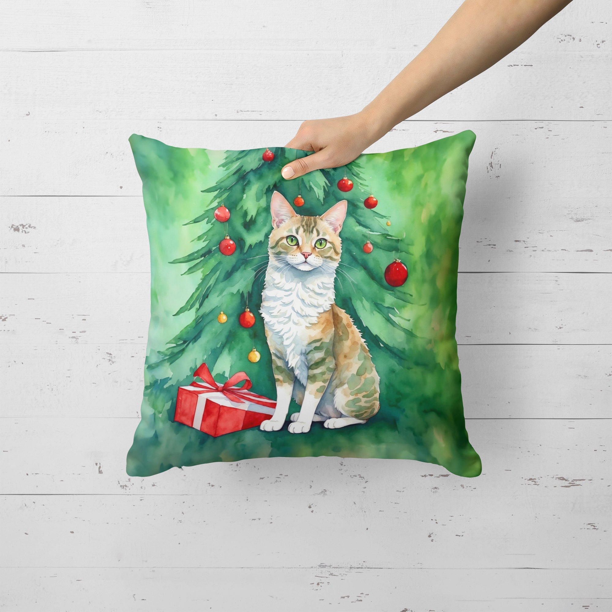 Oregon Rex Cat By the Christmas Tree Decorative Throw Pillow 18x18 Indoor Outdoor Accent Cushion, Fabric Cover with Insert for Sofa, Bed, Porch & Living Room