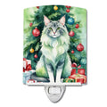 Oriental Longhair Cat By the Christmas Tree Ceramic Night Light Compact, UL-Certified, Ideal for Bedroom, Bathroom, Nursery, Hallway, Kitchen, 6x4x3, Multicolor
