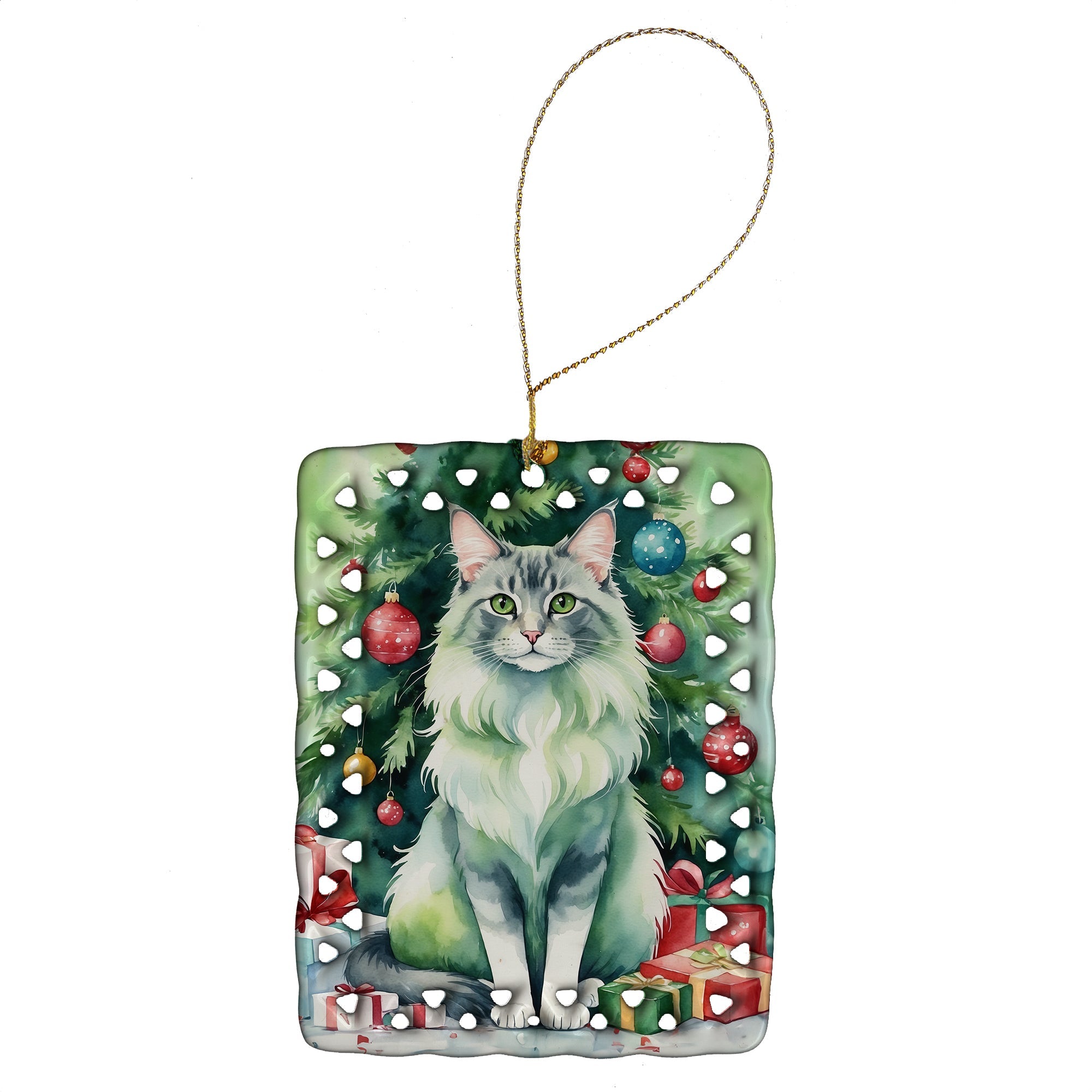 Oriental Longhair Cat By the Christmas Tree Porcelain Ornament Christmas Tree Hanging Decorations for Home Christmas Holiday, Rectangle, Gift, Multicolor