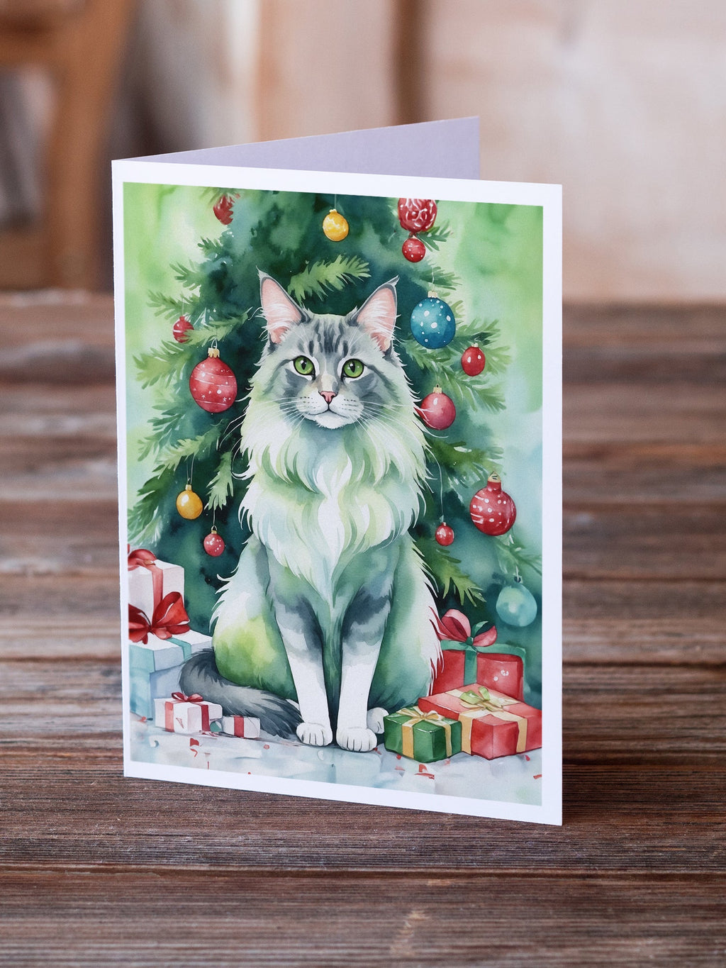 Oriental Longhair Cat By the Christmas Tree Greeting Cards Pack of 8 Blank Cards with Envelopes Whimsical A7 Size 5x7