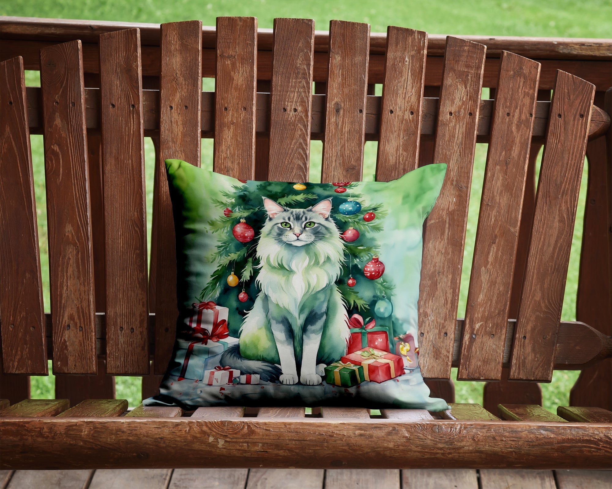 Oriental Longhair Cat By the Christmas Tree Decorative Throw Pillow 14x14 Indoor Outdoor Accent Cushion, Fabric Cover with Insert for Sofa, Bed, Porch & Living Room